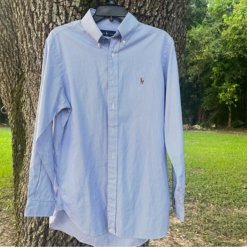 RALPH LAUREN LONG SLEEVE BUTTON DOWN STRIPED COLLARED BLUE WHITE BROWN LOGO 15.5